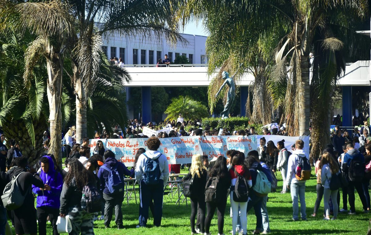 A banner with the names of the 17 Parkland victims is displayed at Venice High School in Los Angeles, California.