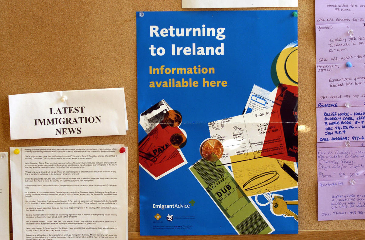 A poster advertises information about returning to Ireland at the Aisling Irish Community Center in Yonkers, New York.