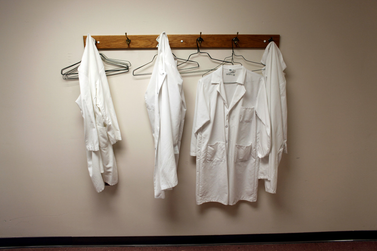 Lab coats hang on hooks at the Wisconsin National Primate Research Center at University Wisconsin-Madison in Madison, Wisconsin.