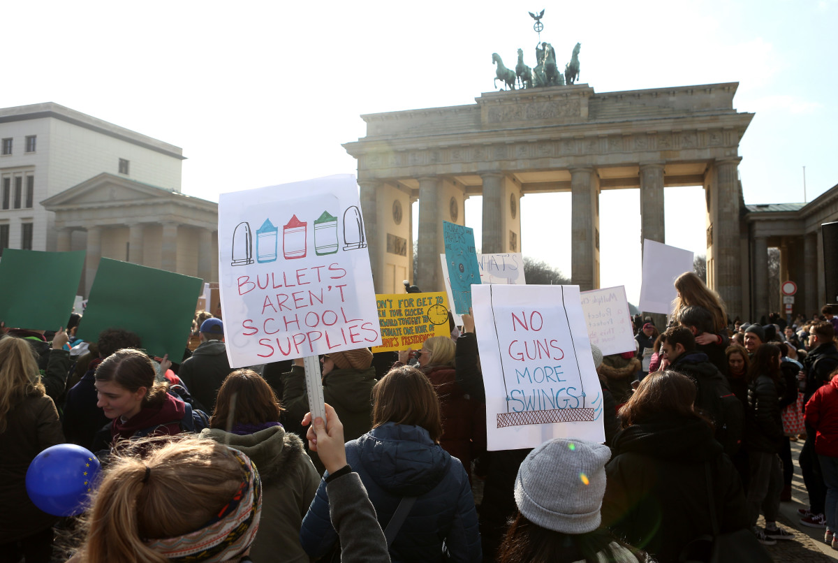 Demonstrators protest at the March for Our Lives rally on March 24th, 2018m in Berlin, Germany. The protest in Berlin was intended to show solidarity with demonstrations across the U.S. demanding stricter gun control legislation in the country.