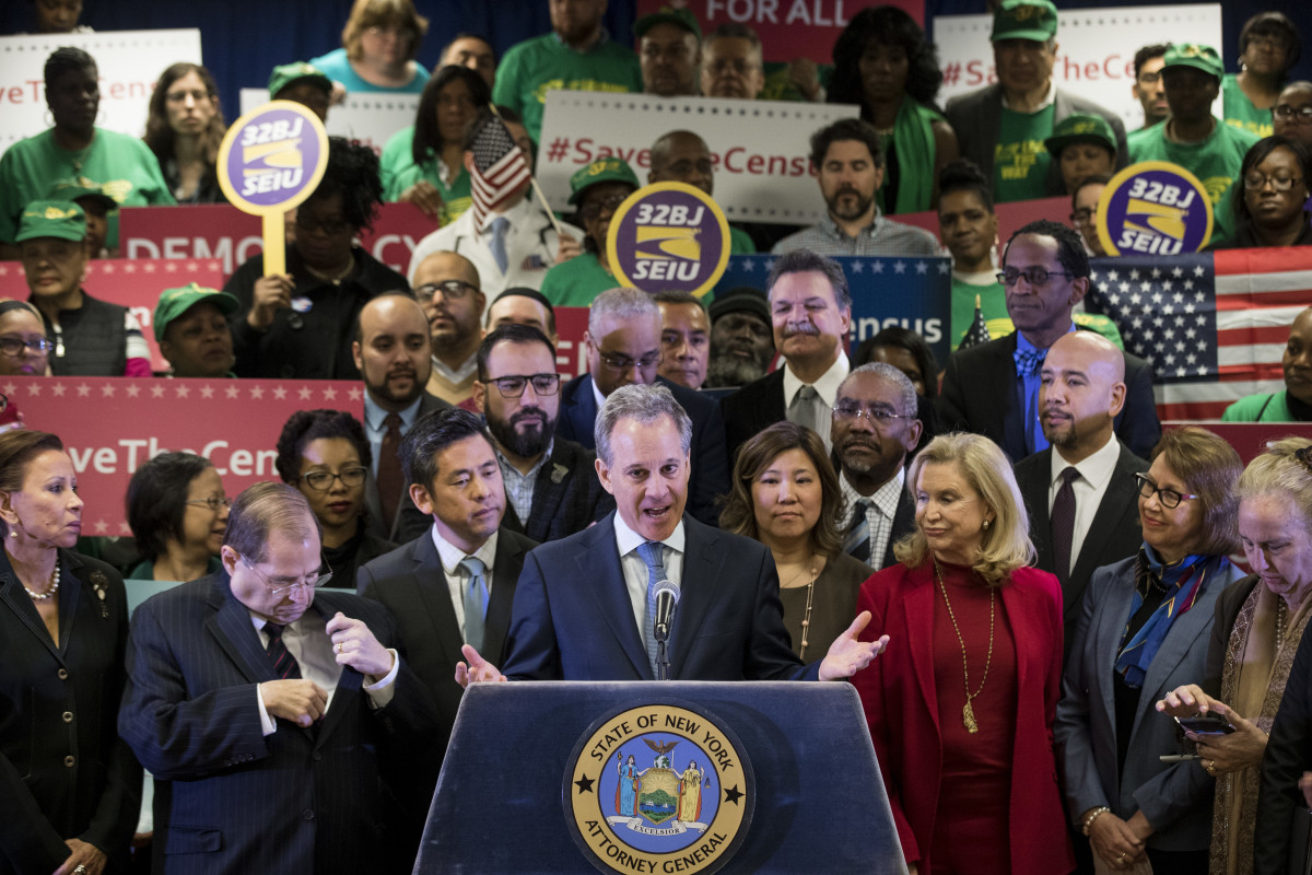 New York Attorney General Eric Schneiderman speaks at a press conference to announce a multi-state lawsuit to block the Trump administration from adding a question about citizenship to the 2020 Census form.