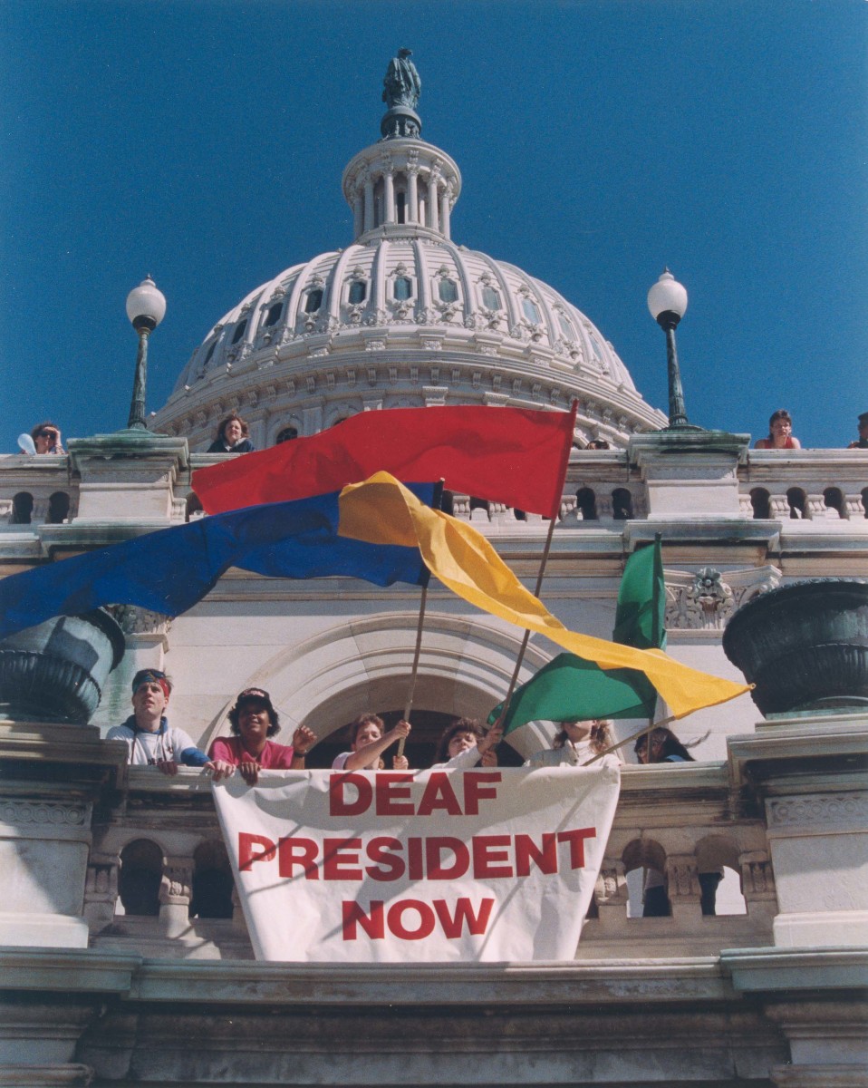 Gallaudet students rally at the U.S. Capitol Building in March of 1988.