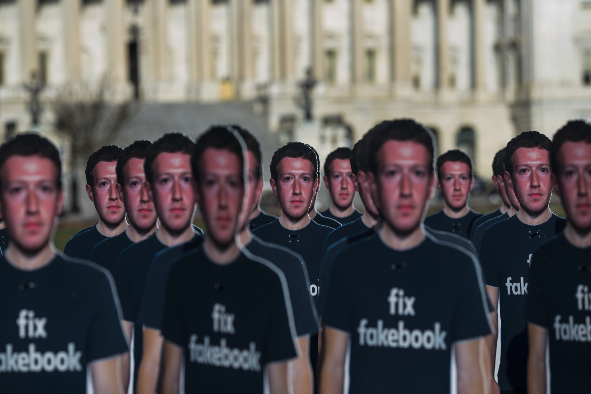 One hundred life-sized cutouts of Facebook executive Mark Zuckerberg sit on the lawn of the United States Capitol on April 10th, 2018, in Washington, D.C.