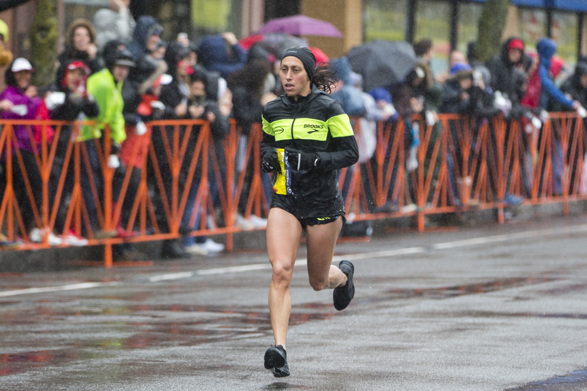 Desiree Linden approaches the 24 mile marker of the 2018 Boston Marathon on April 16th, 2018, in Brookline, Massachusetts. Linden was the first American to win the race in 33 years.