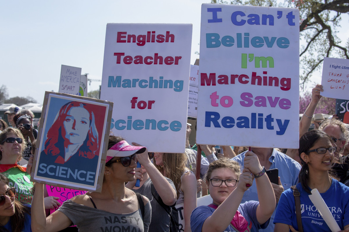 People take part in the March for Science on the National Mall on April 14th, 2018, in Washington, D.C.