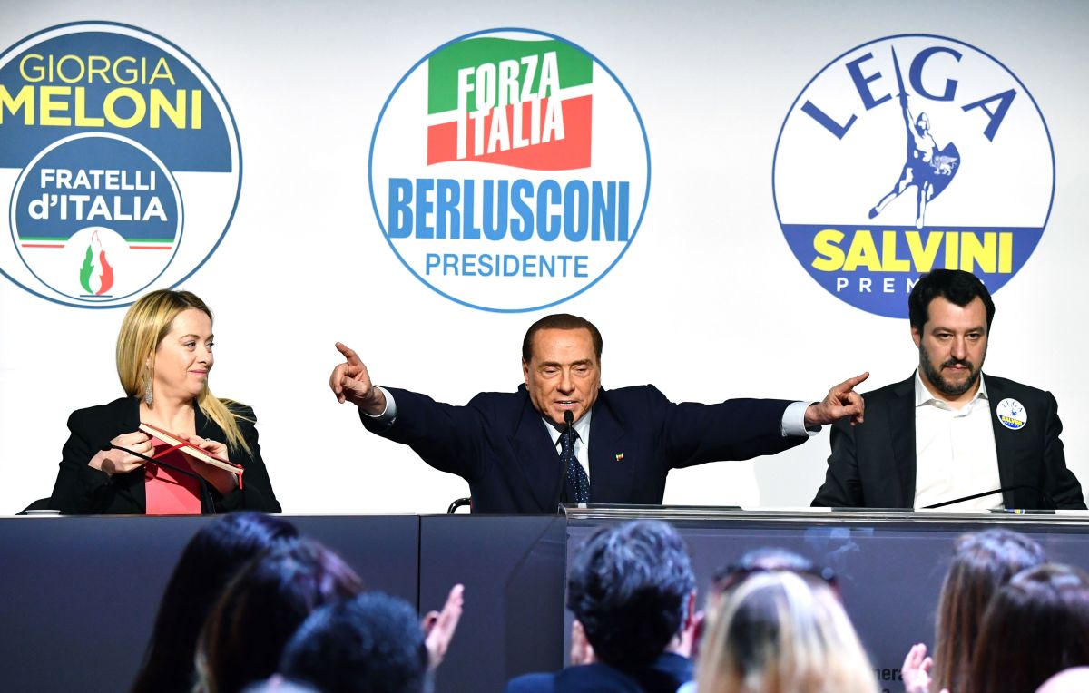 Leader of far-right party Brothers of Italy Giorgia Meloni, head of the center-right Forza Italia (Go Italy) Silvio Berlusconi, and leader of far-right party The League Matteo Salvini, give a joint press conference at the Tempio di Adriano in Rome.