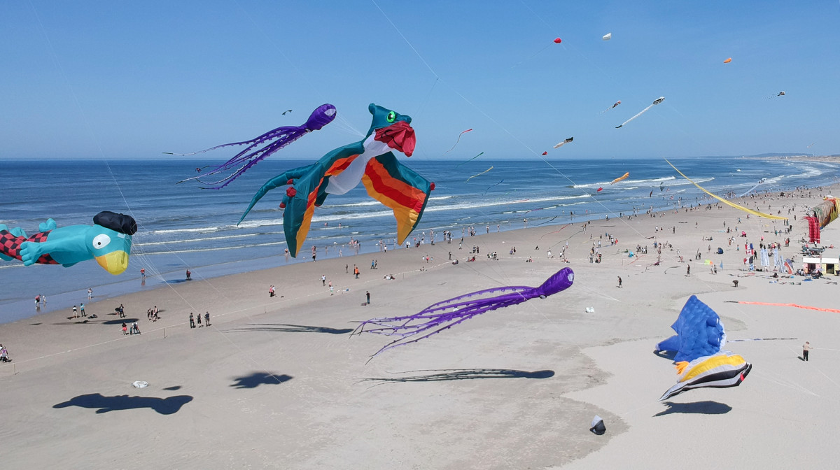 People fly kites during the 32nd International Kite Festival at the beach of Berck-sur-Mer, northern France, on April 18th, 2018. The festival takes place until April 22nd, 2018.