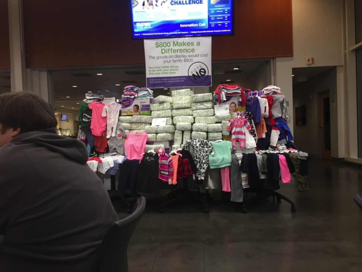 Stacks of diapers and children's clothing on display at Boeing's North Charleston, South Carolina, campus.