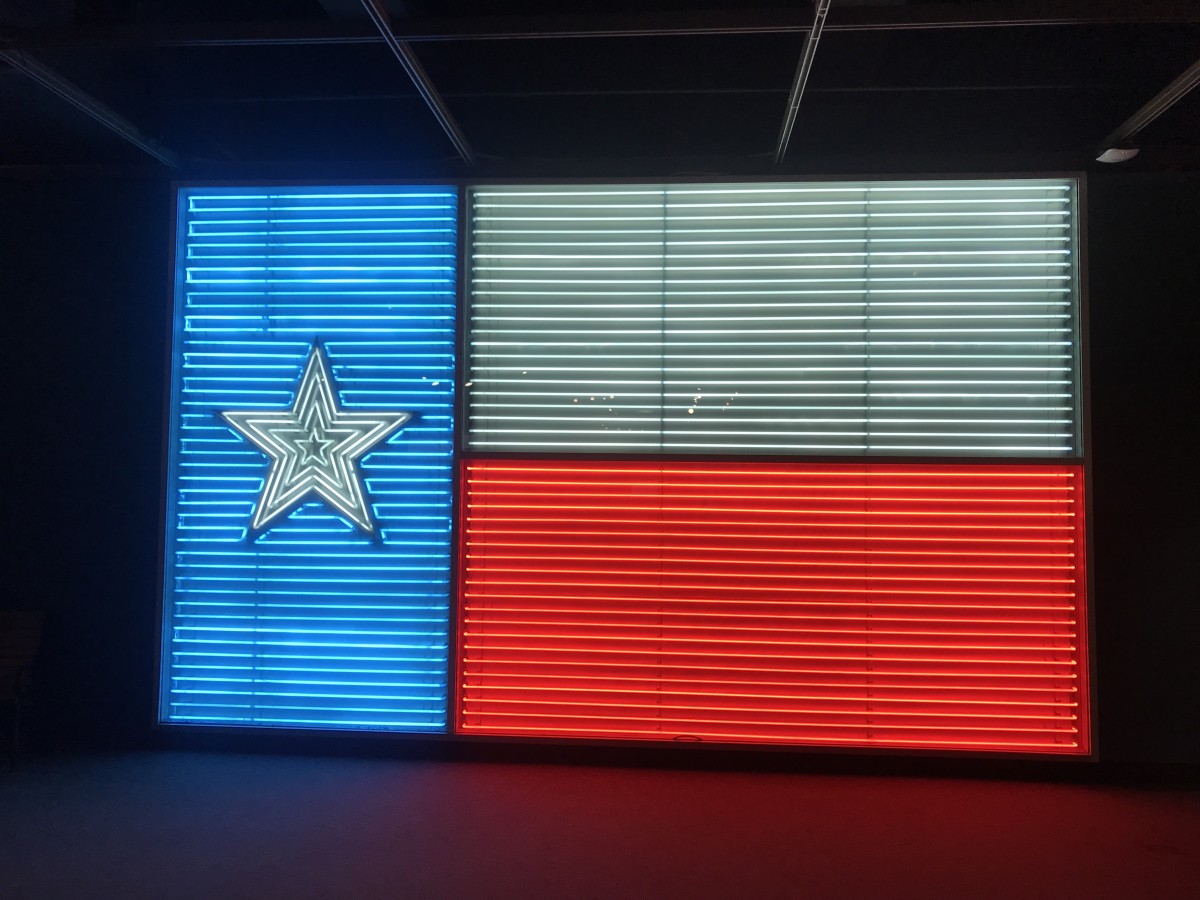 A neon Texas state flag on display at the Institute of Texan Culture in San Antonio, Texas.