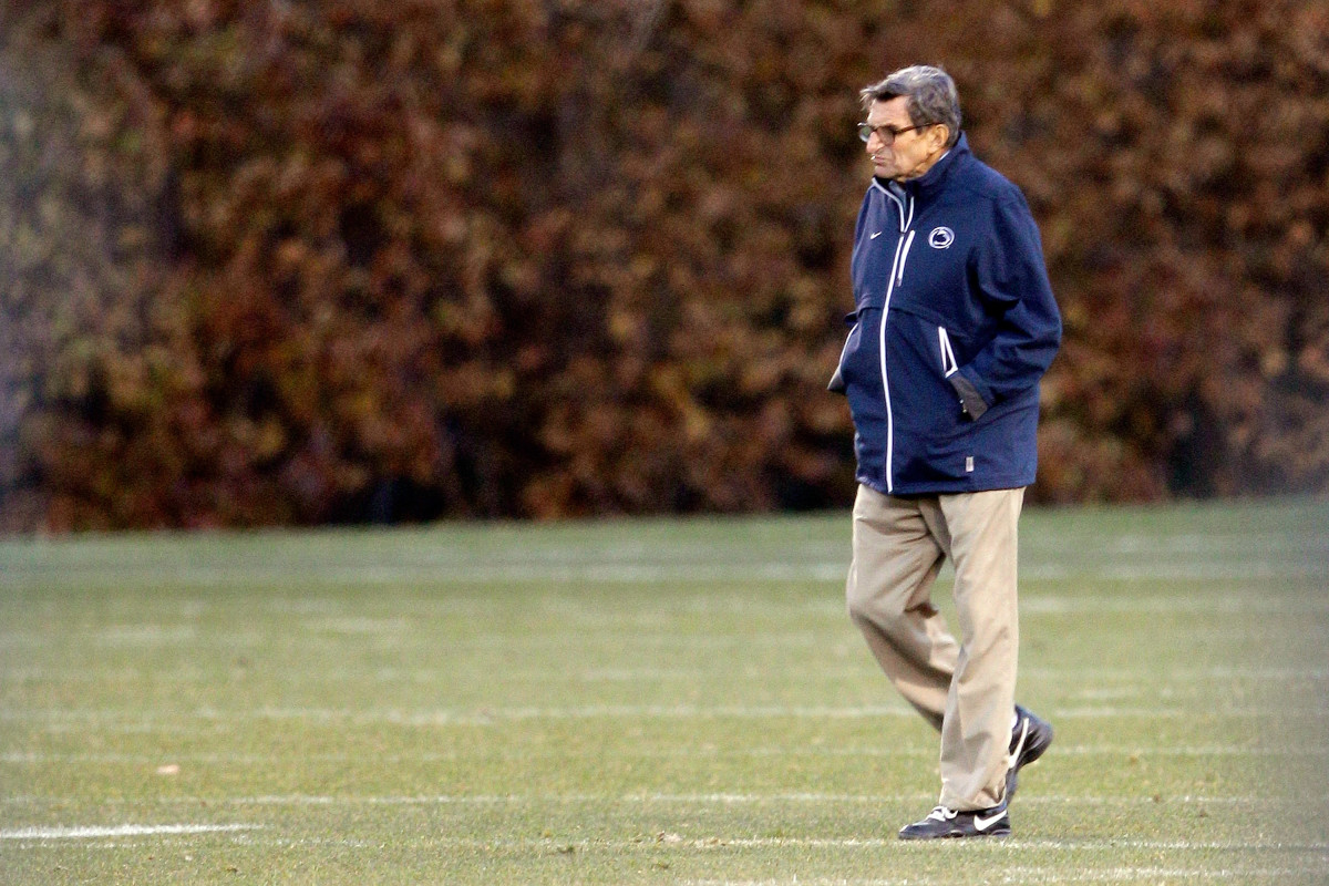 Pennsylvania State University head football coach Joe Paterno watches his team during practice on November 9th, 2011, in State College, Pennsylvania.