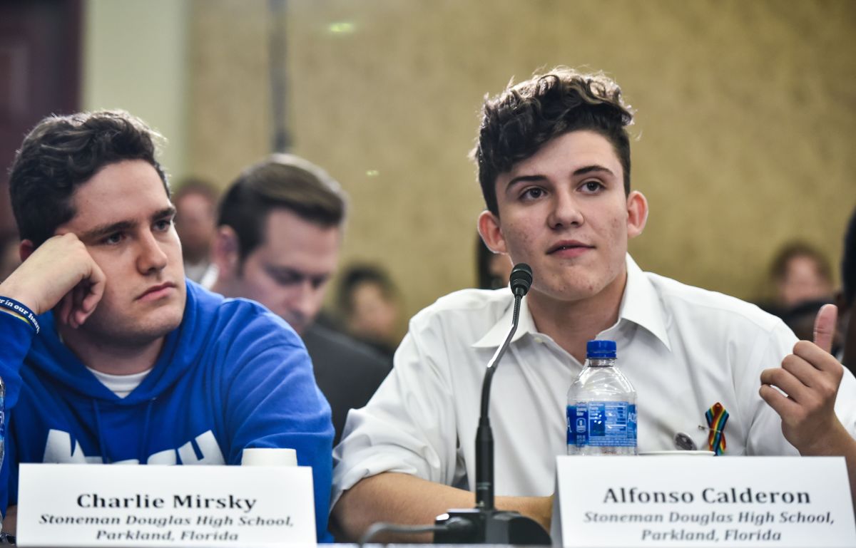 Charlie Mirsky (left), and Alfonso Calderon, students from Marjory Stoneman Douglas High School in Parkland, Florida, take part in a Gun Violence Prevention Forum at the House Visitor Center at the U.S. Capitol in Washington, D.C., on May 23rd, 2018.