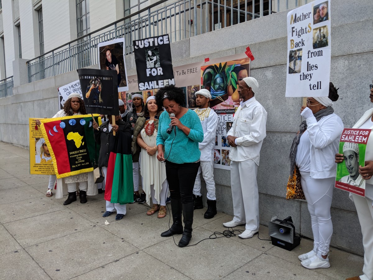Cat Brooks speaks at a recent event in Oakland for Sahleem Tindle, who was killed by a BART officer in early January.