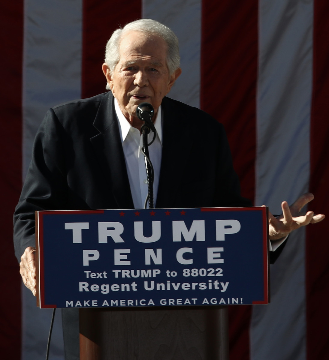 Televangelist Pat Robertson delivers remarks at a campaign event for Republican presidential candidate Donald Trump at Regent University.