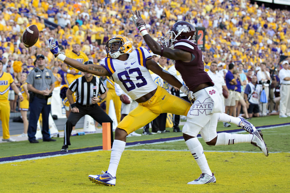 LSU wide receiver Travin Dural can't haul in a pass against the Mississippi State Bulldogs on September 20th, 2014, in Baton Rouge, Louisiana.
