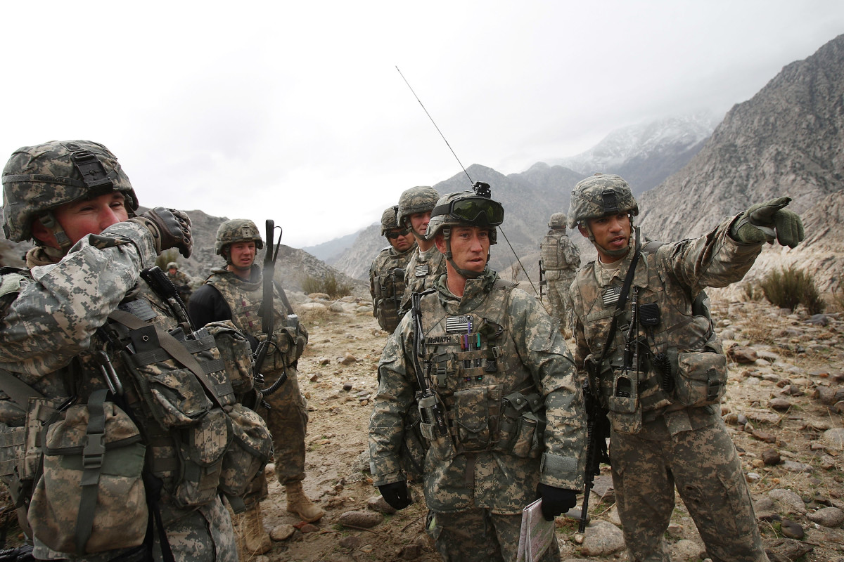 Members of the U.S. Army conduct a joint military exercise with the Afghan National Army on February 23rd, 2009, in the Nuristan Province, Afghanistan.