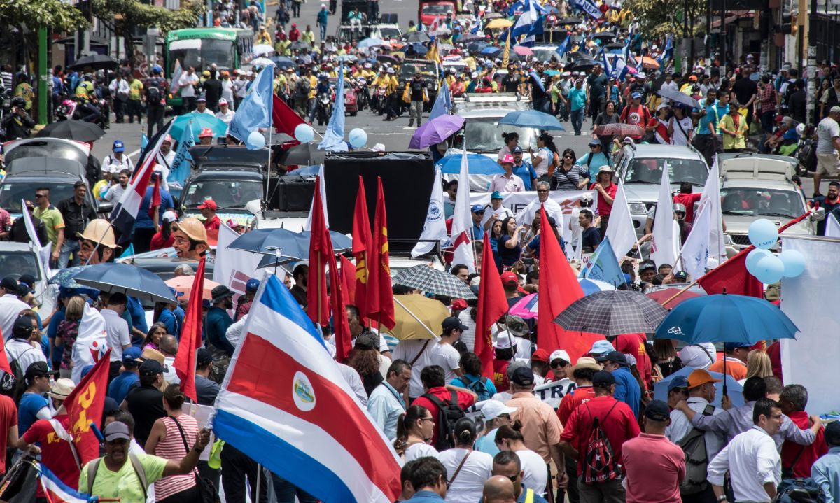 Thousands of public-sector employees march during a strike called by labor unions to protest against austerity measures in San José, Costa Rica, on June 25th, 2018.