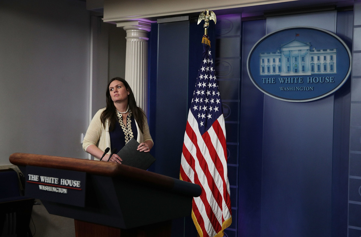 White House Press Secretary Sarah Sanders in the James Brady Press Briefing Room at the White House on May 10th, 2017, in Washington, D.C.