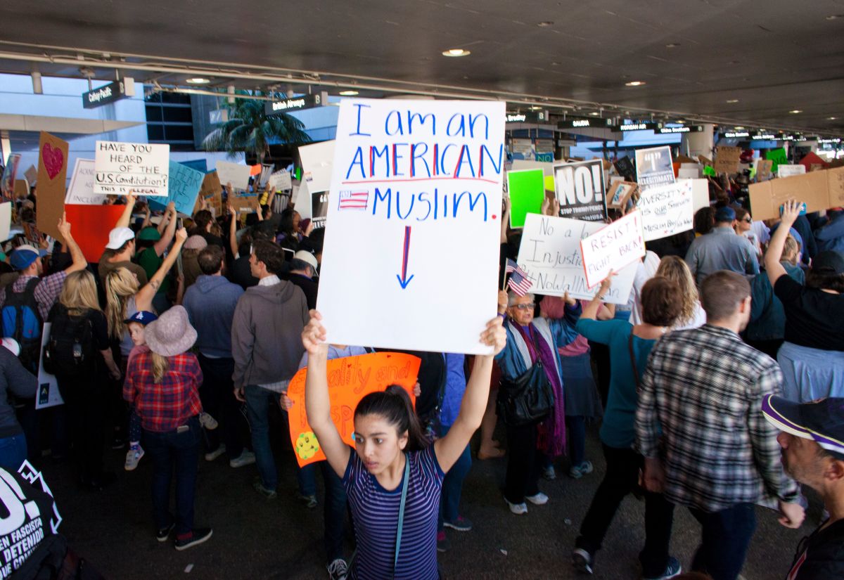 Protesters gather at the Los Angeles International Airport to protest President Donald Trump's travel ban.