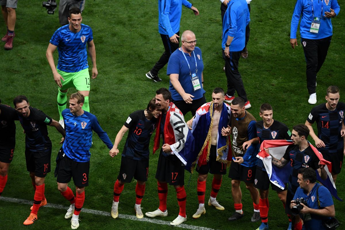 Croatia's players celebrate after winning the Russia 2018 World Cup semi-final football match between Croatia and England at the Luzhniki Stadium in Moscow on July 11th, 2018.