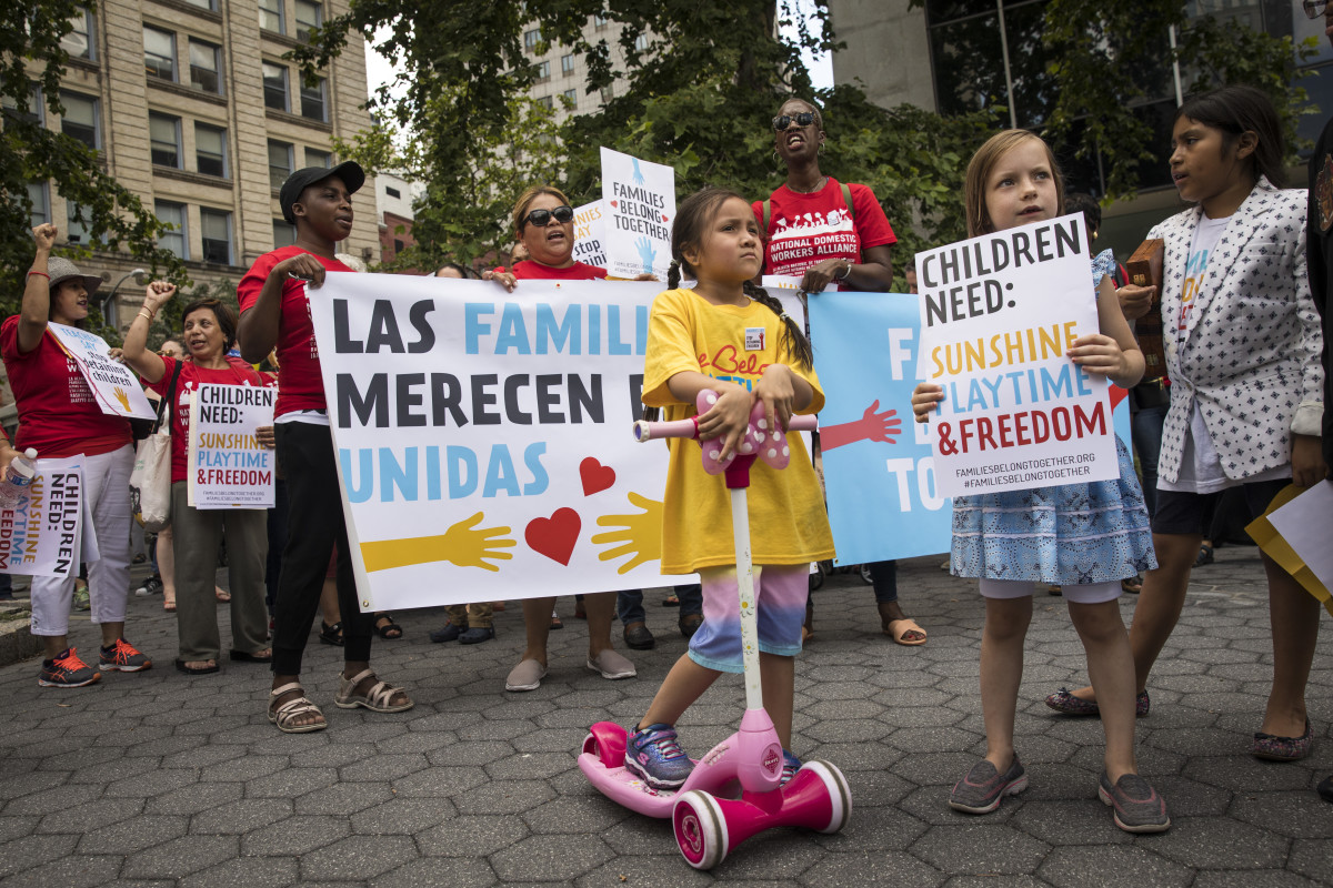 Activists, including childcare providers, parents, and their children, protest against the Trump administration's family detention and separation policies for migrants along the southern border, near the New York offices of U.S. Immigration and Customs Enforcement, on July 18th, 2018, in New York City.