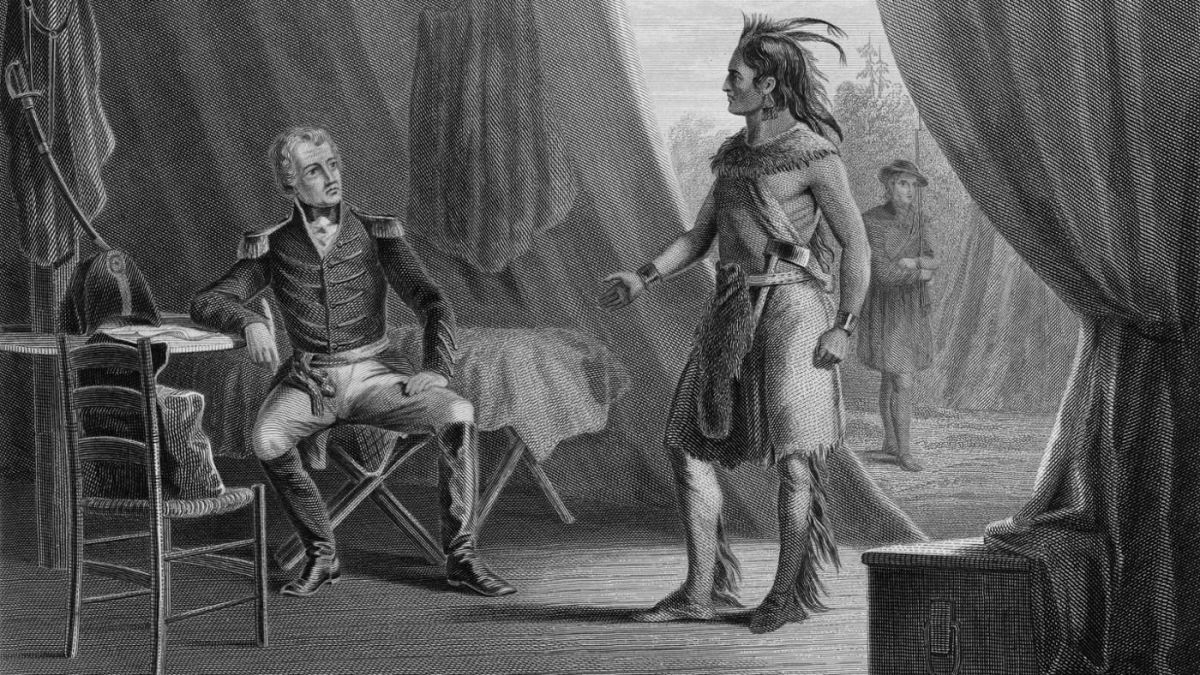 Chief William Weatherford surrenders to Andrew Jackson following the Battle of Horseshoe Bend.