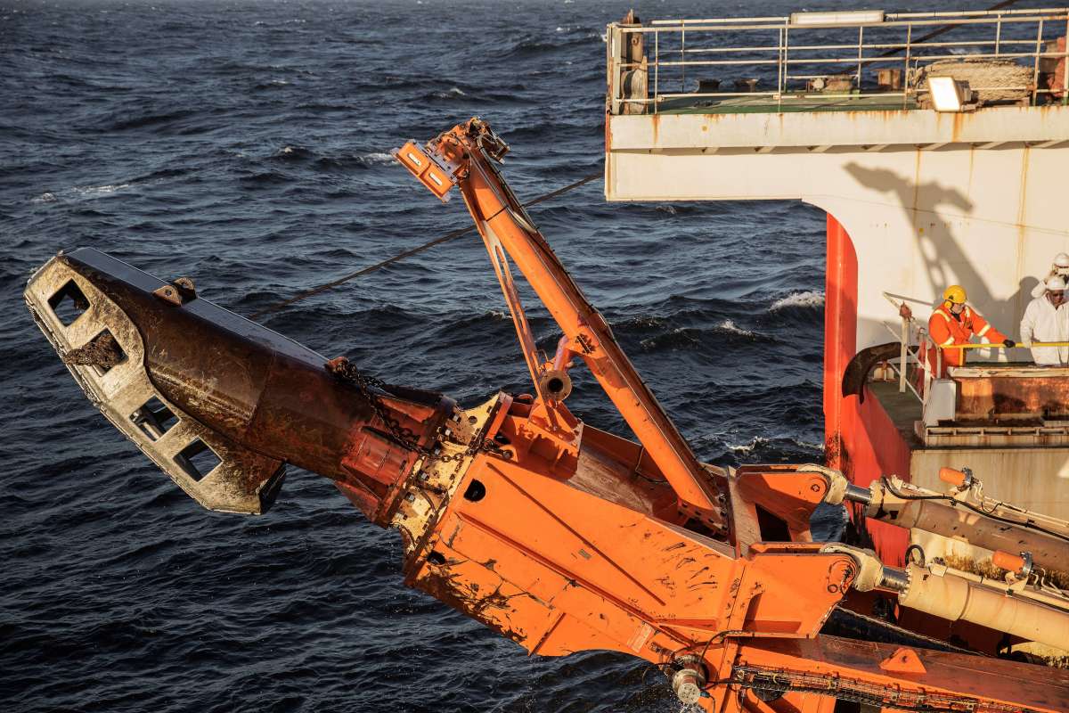 A giant crawler machine used to dredge the seabed for diamonds is seen being pulled on board the Diamonds Sea Mining vessel MAFUTA from Debmarine, a joint venture between Diamonds Mining Giant De Beers and the Namibian government.