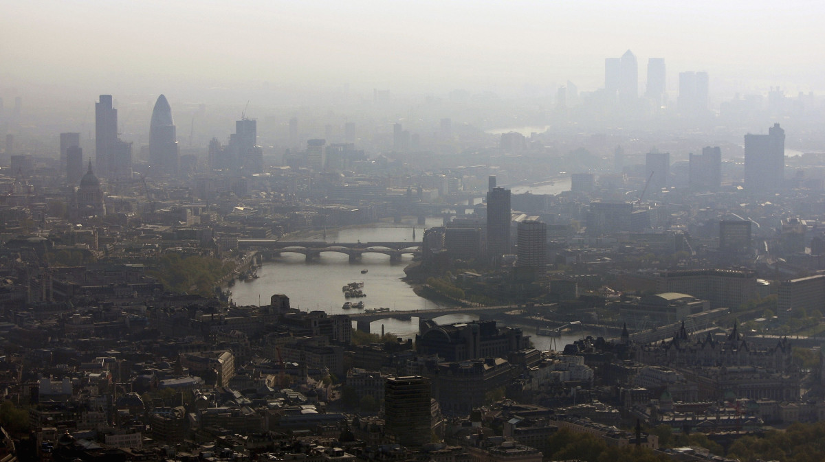 Air pollution hangs over the heart of London in this view along the River Thames.