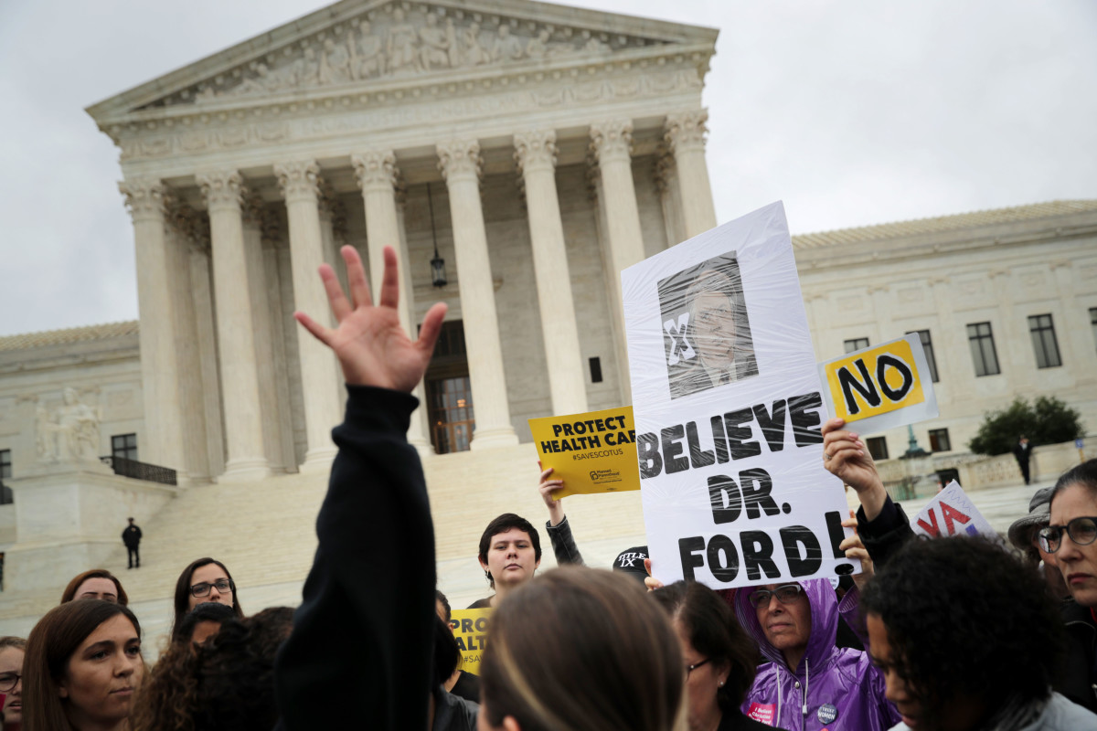 Protesters rally in front of the Supreme Court while demonstrating against the confirmation of Judge Brett Kavanaugh to the court on September 24th, 2018, in Washington, D.C.