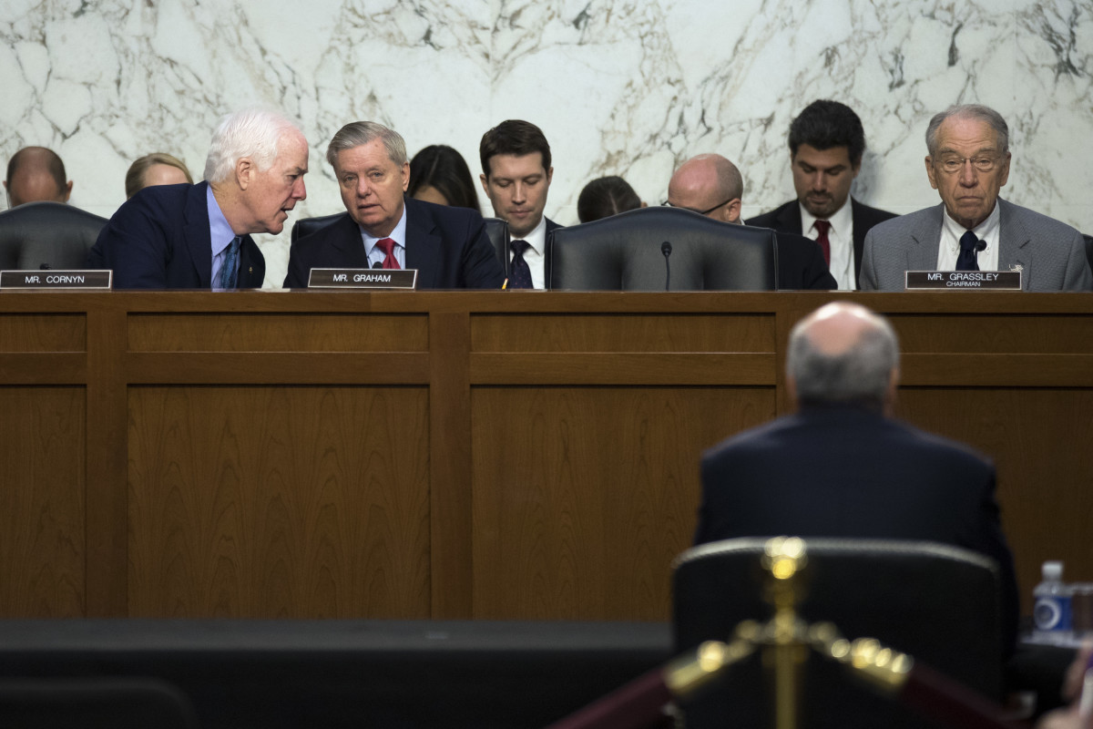 Senators John Cornyn (left), Lindsey Graham, and Chuck Grassley, pictured here in July of 2017.