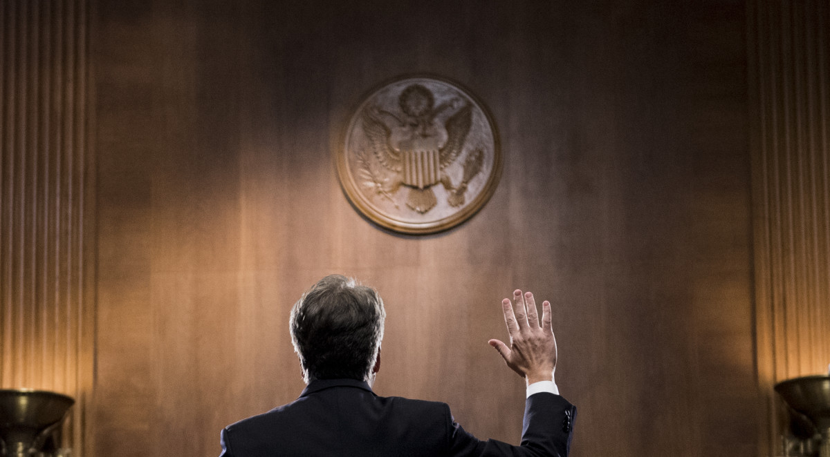 Judge Brett Kavanaugh is sworn in before testifying during the Senate Judiciary Committee on September 27th, 2018, in Washington, D.C.