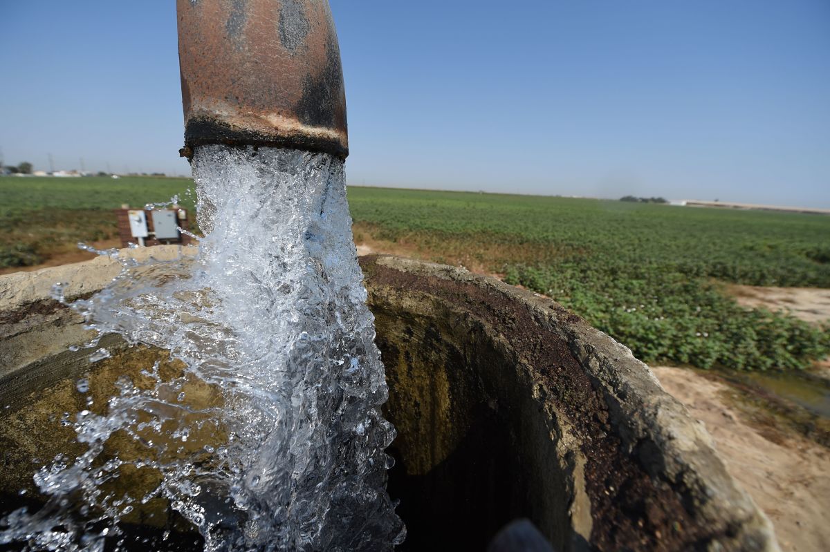 Irrigation water at a cotton field in Porterville, California.