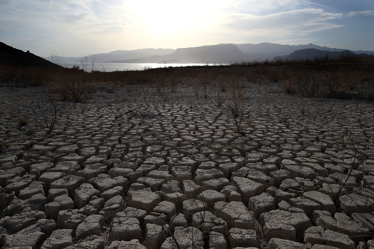 Dry, cracked earth that used to be the bottom of Lake Mead is seen near Boulder Beach on May 13th, 2015, in Lake Mead National Recreation Area, Nevada.