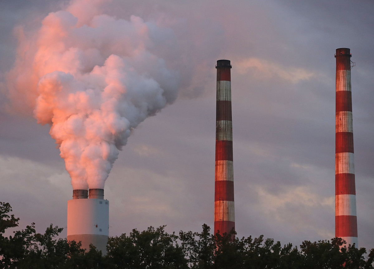 Emissions spew out of a large stack at the coal-fired Morgantown Generating Station in Newburg, Maryland.