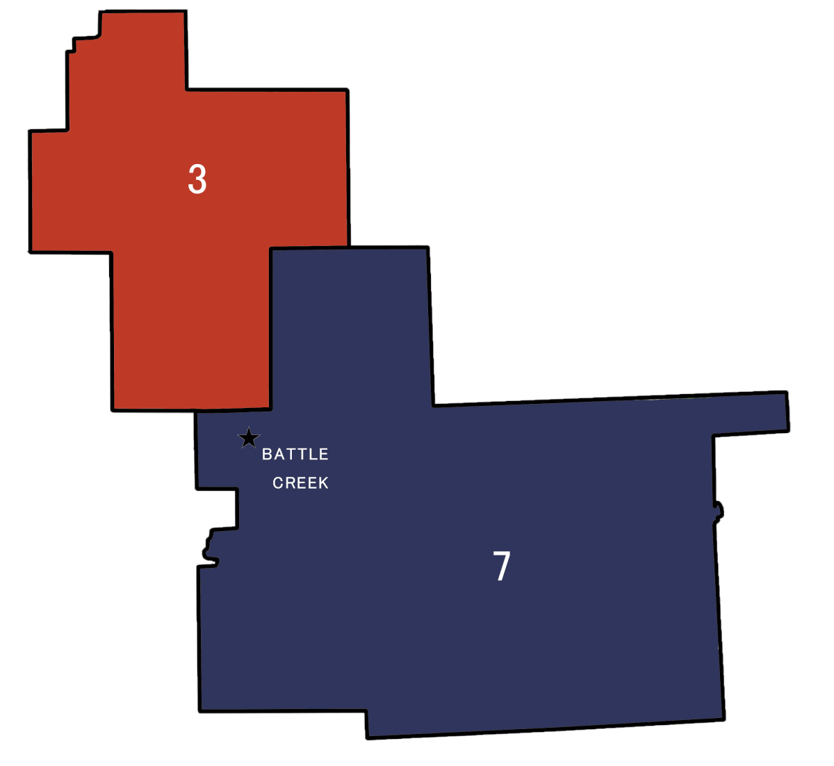 This map depicts the change in Michigan's 3rd and 7th congressional voting districts from 2001 to 2011. 