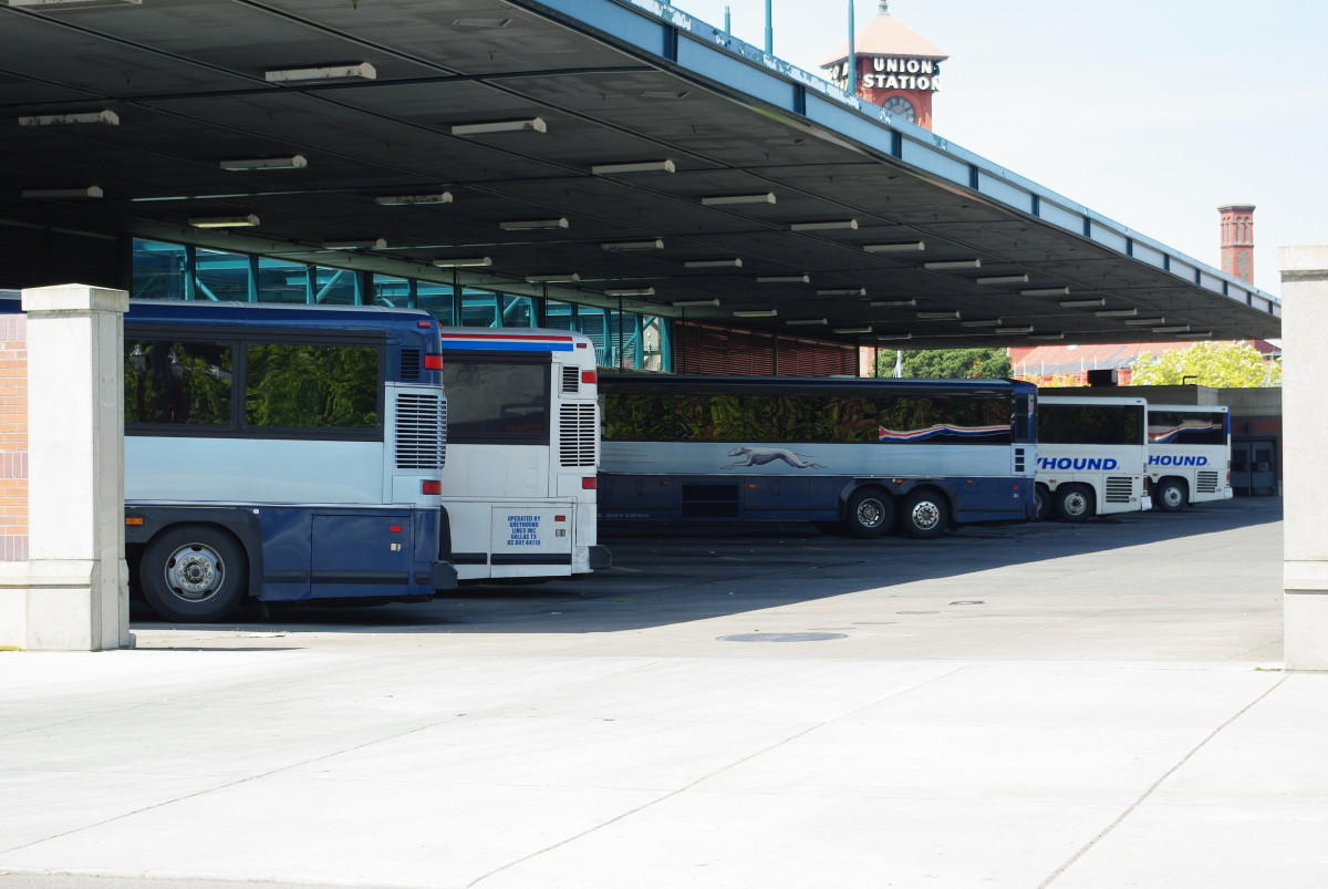 Greyhound buses at the Portland, Oregon, station.