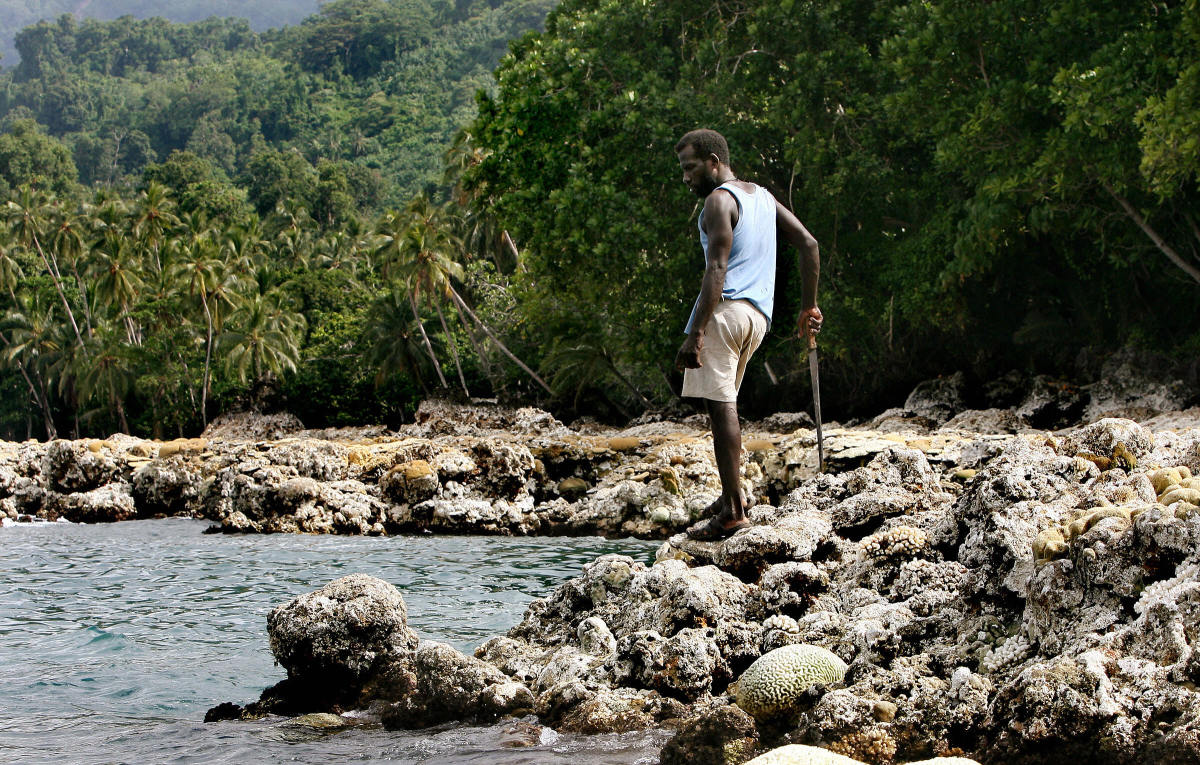 A villager looks over a coral reef in the Solomon Islands.