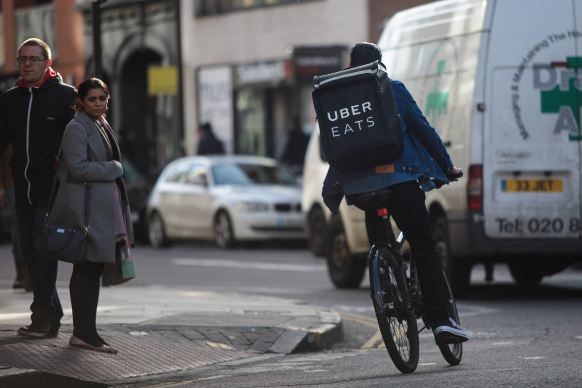 An UberEats rider cycles through London on February 16th, 2018.