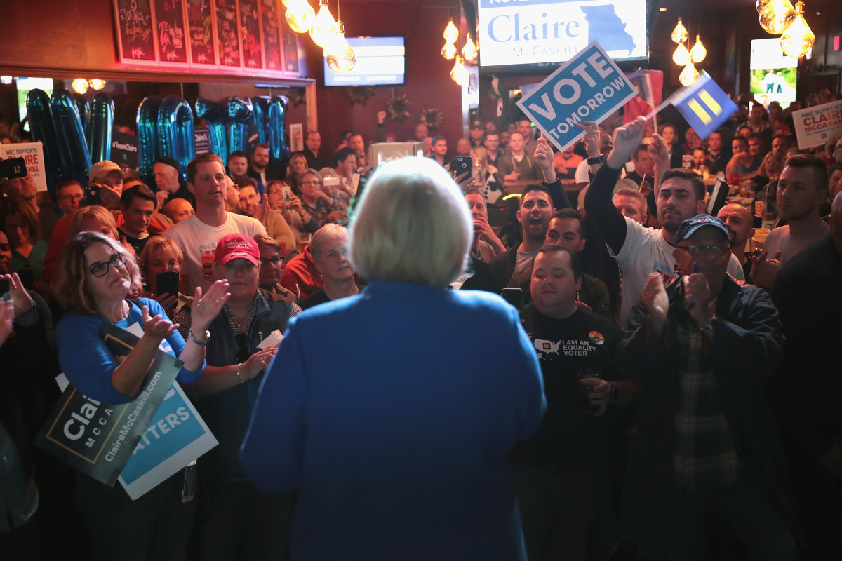 Senator Claire McCaskill (D-Missouri) speaks to supporters during a campaign stop at the Just John Nightclub on November 4th, 2018, in St. Louis, Missouri.