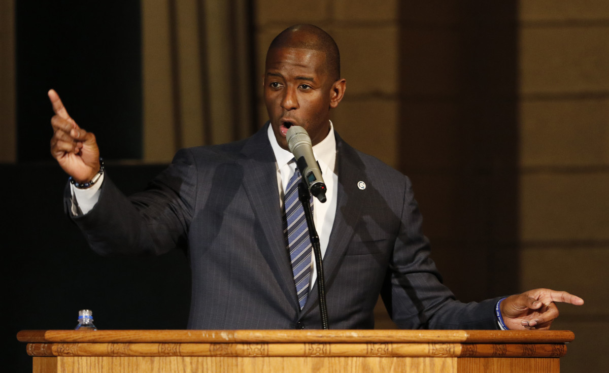 Florida Democratic gubernatorial candidate Andrew Gillum attends a service to advocate for a vote recount at the New Mount Olive Baptist Church on November 11th, 2018, in Fort Lauderdale, Florida.