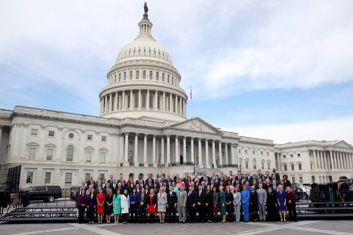 Newly elected members of the House of Representatives pose for an official class photo outside the U.S. Capitol on November 14th, 2018.