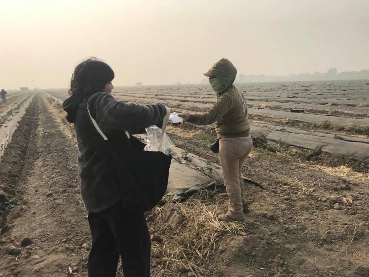 Paulina Cortes, a community activist from San Jose, gives a protective particulate mask to a farmworker in Stockton, California, on November 16th, 2018.