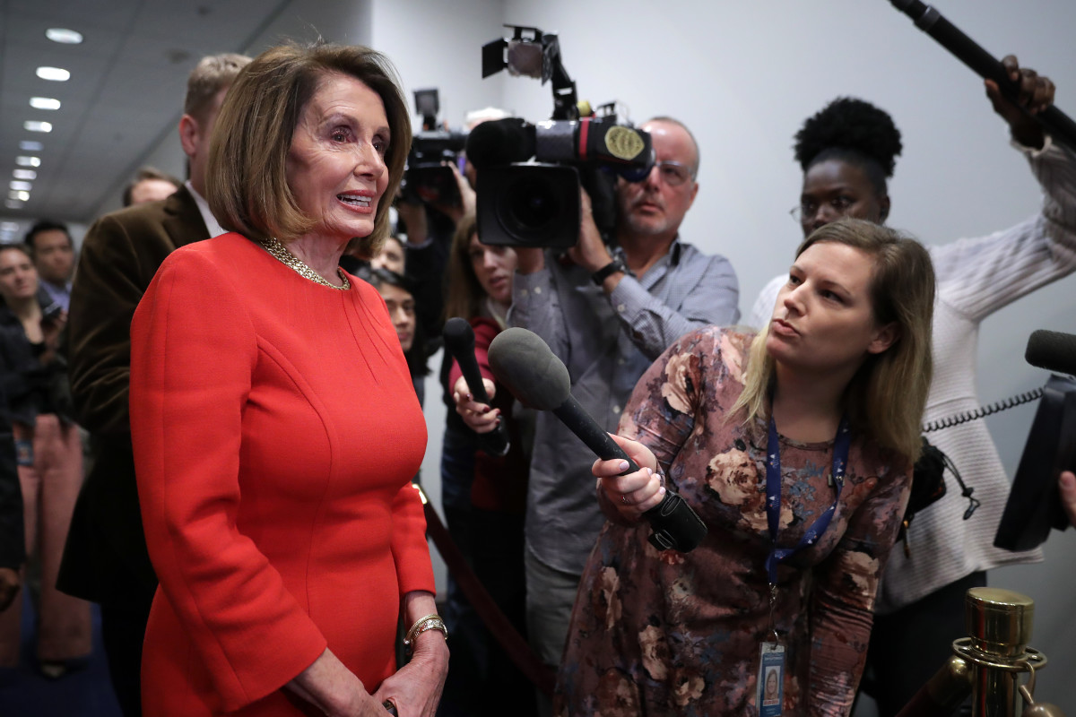 House Minority Leader Nancy Pelosi (D-California) talks to journalists before heading into a Democratic caucus meeting in the U.S. Capitol Visitors Center on November 14th, 2018, in Washington, D.C.