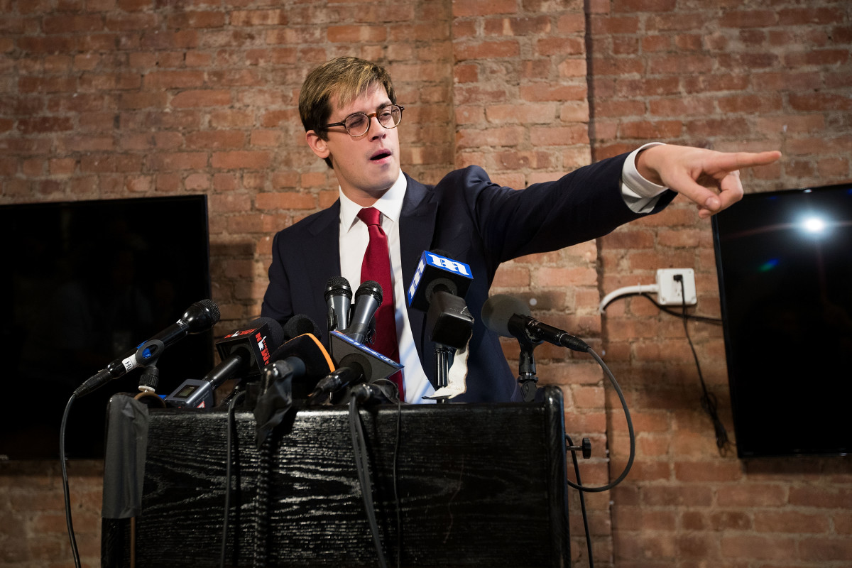 Milo Yiannopoulos announces his resignation from Brietbart News during a press conference on February 21st, 2017, in New York City.