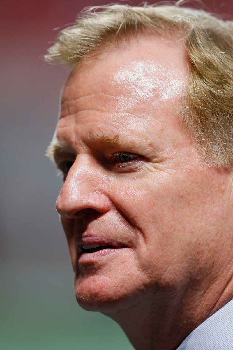 NFL commissioner Roger Goodell looks on before the game between the Green Bay Packers and the Atlanta Falcons at Mercedes-Benz Stadium on September 17th, 2017, in Atlanta, Georgia.
