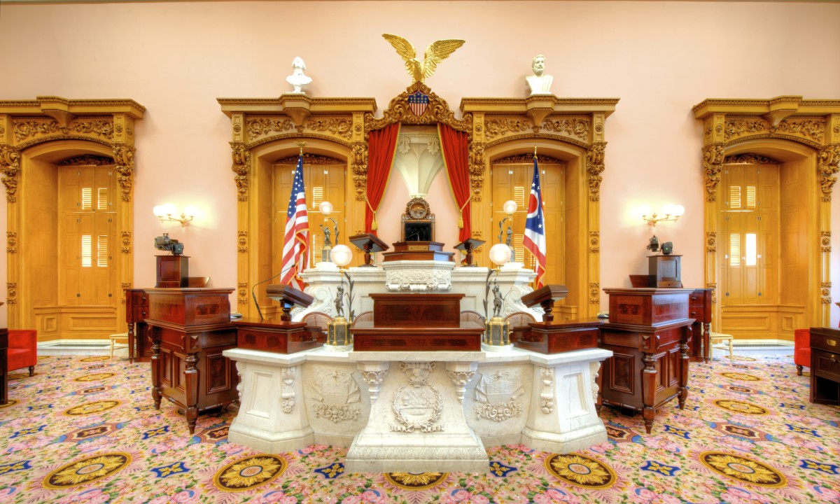 The speaker's dais in the House Chamber of the Ohio State House.