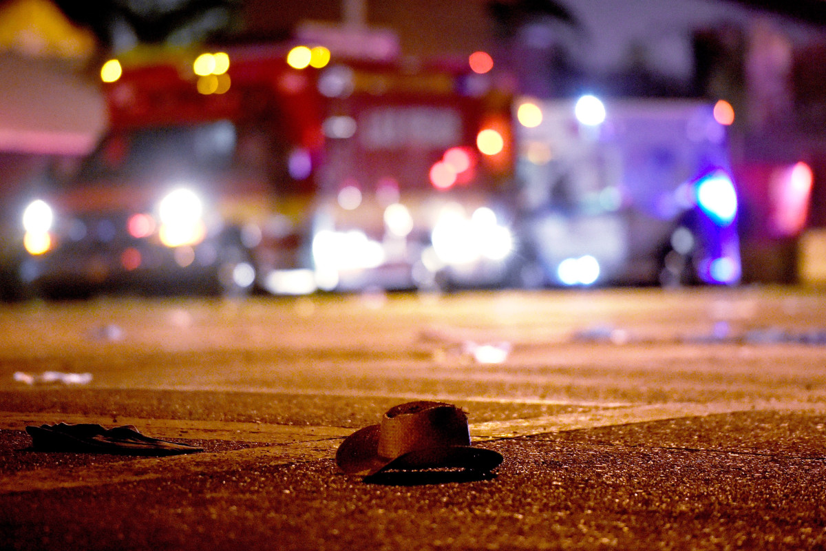 A cowboy hat lays in the street after shots were fired near a country music festival on October 1st, 2017, in Las Vegas, Nevada.