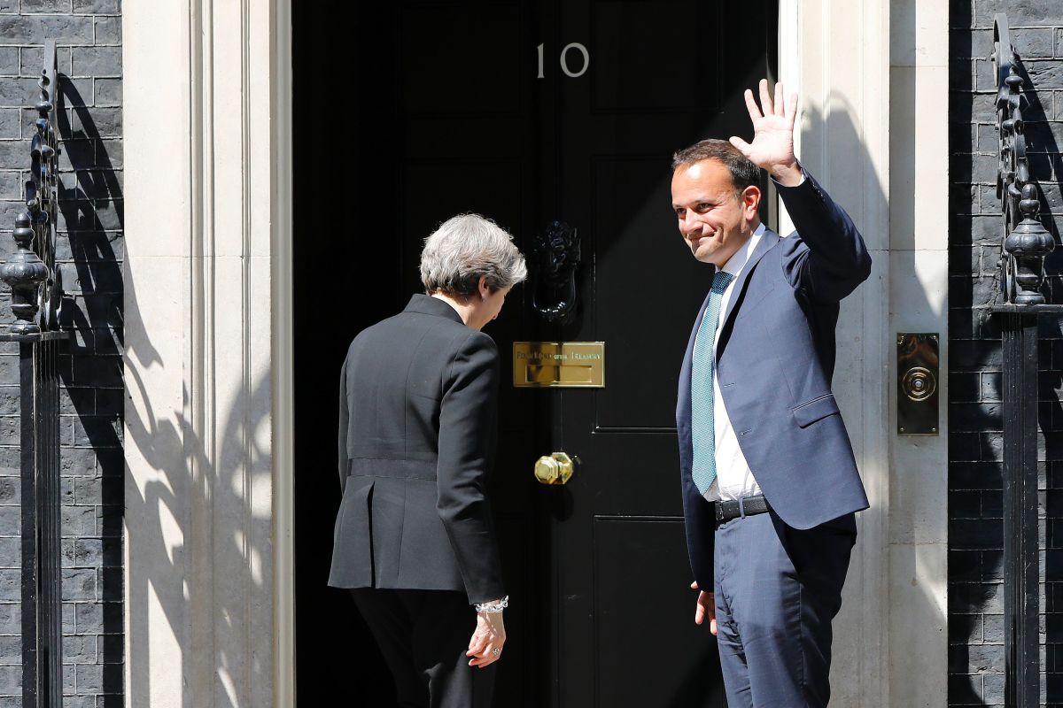 Britain's Prime Minister Theresa May (L) greets Ireland's Taoiseach (Prime Minister) Leo Varadkar before their meeting, outside 10 Downing Street in London on June 19th, 2017.
