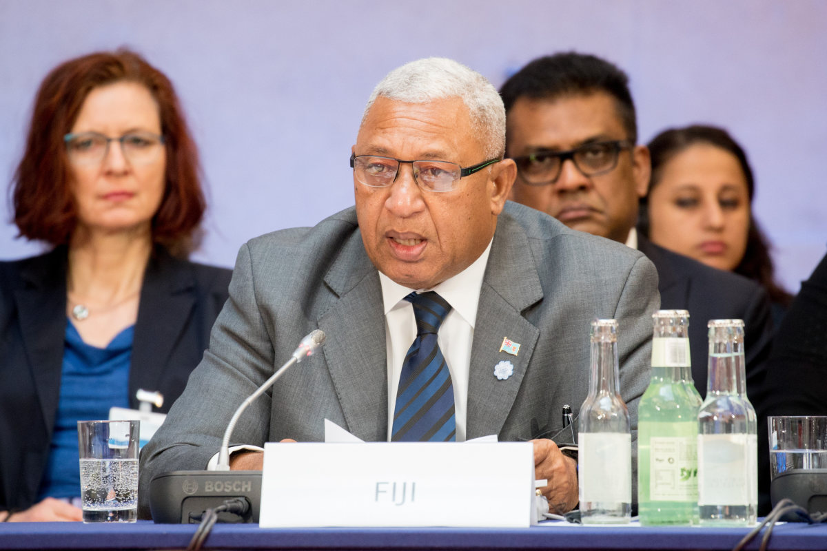 Josaia Voreqe "Frank" Bainimarama, prime minister of Fiji, speaks at the beginning of the Petersberg Climate Dialogue on May 22nd, 2017, in Berlin.