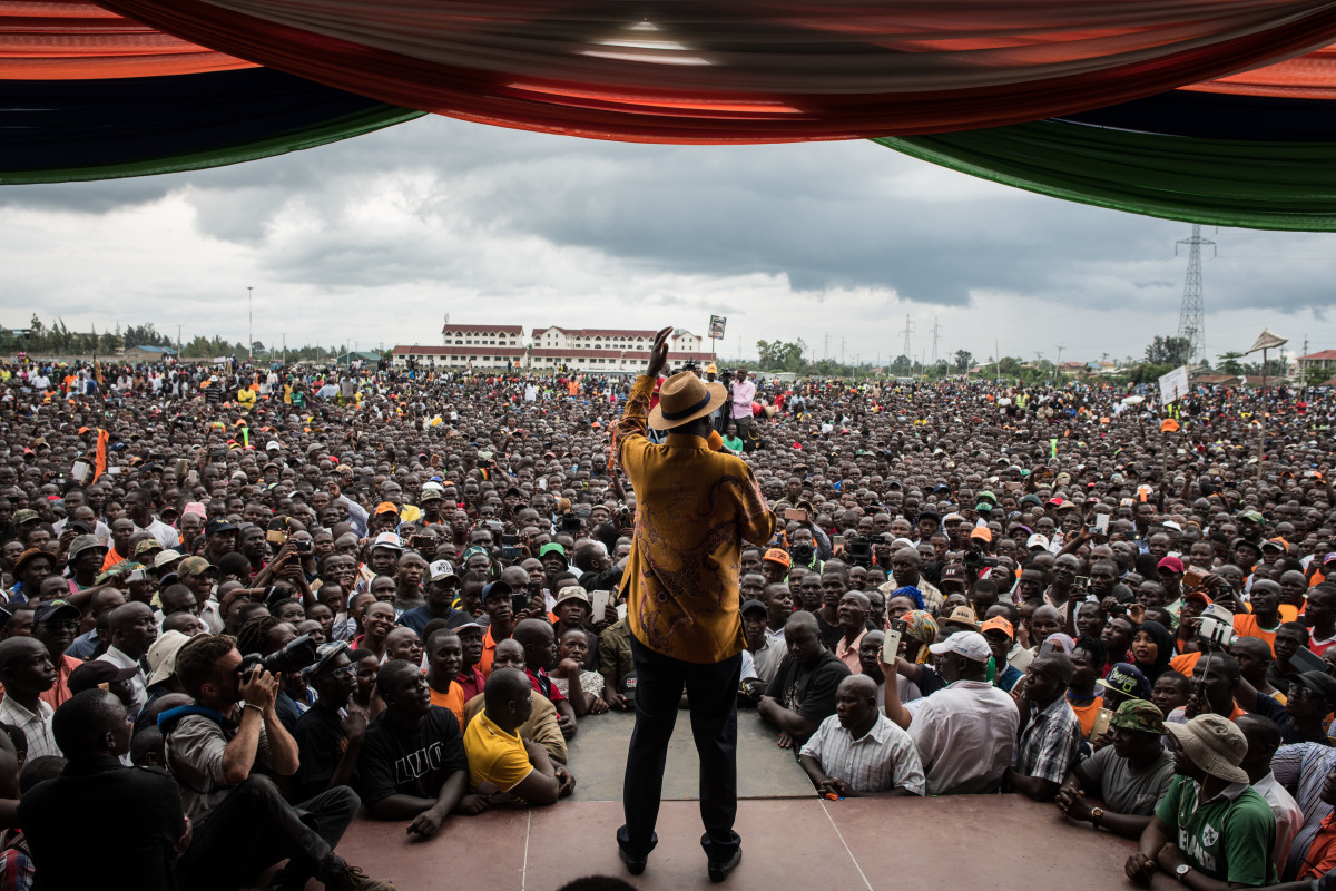 Opposition leader Raila Odinga speaks to the crowd gathered at a rally at the Ogango Grounds on October 20th, 2017, in Kisumu, Kenya. Tensions are high as Kenya awaits a new presidential election after it annulled the results of the first vote in August.