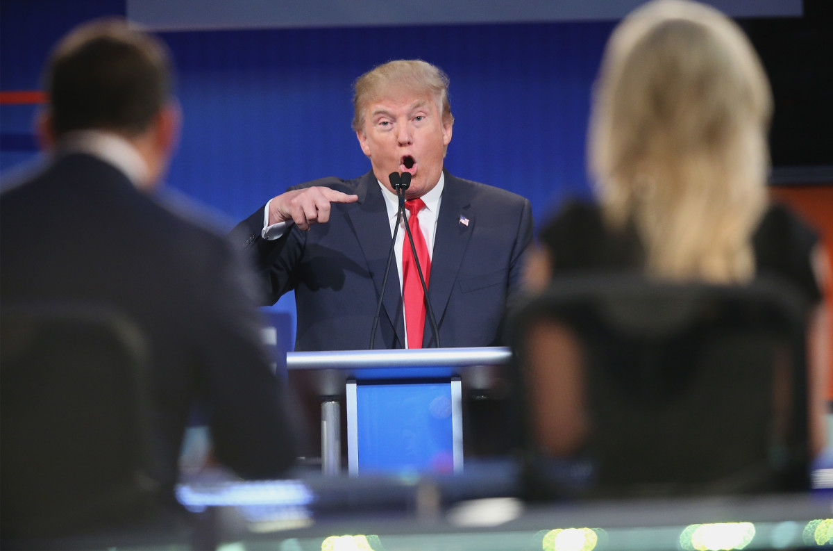 Donald Trump fields a question during the first Republican presidential debate hosted by Fox News and Facebook at the Quicken Loans Arena on August 6th, 2015, in Cleveland, Ohio.